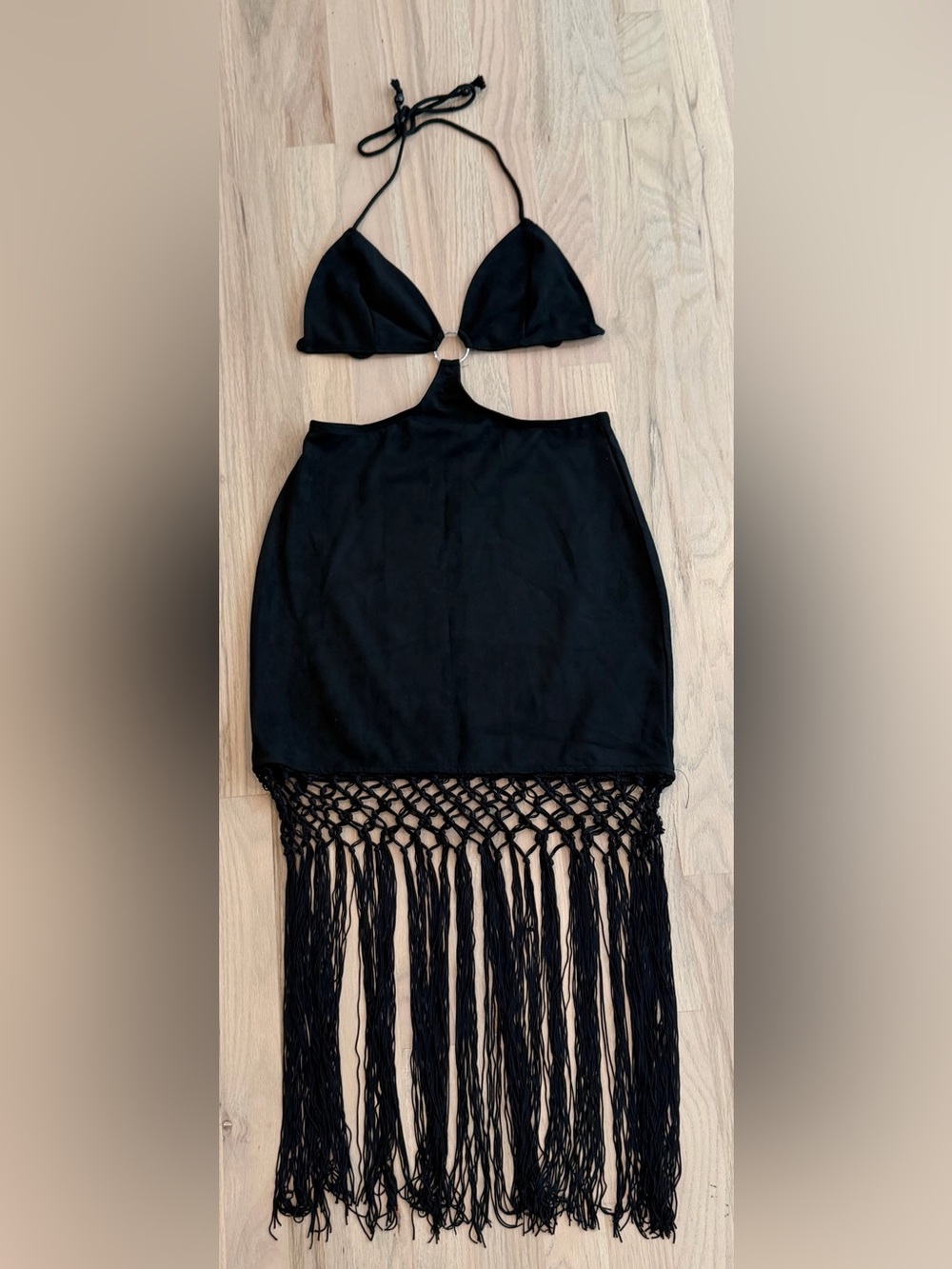 12th Tribe Black Backless Fringe Mini Dress